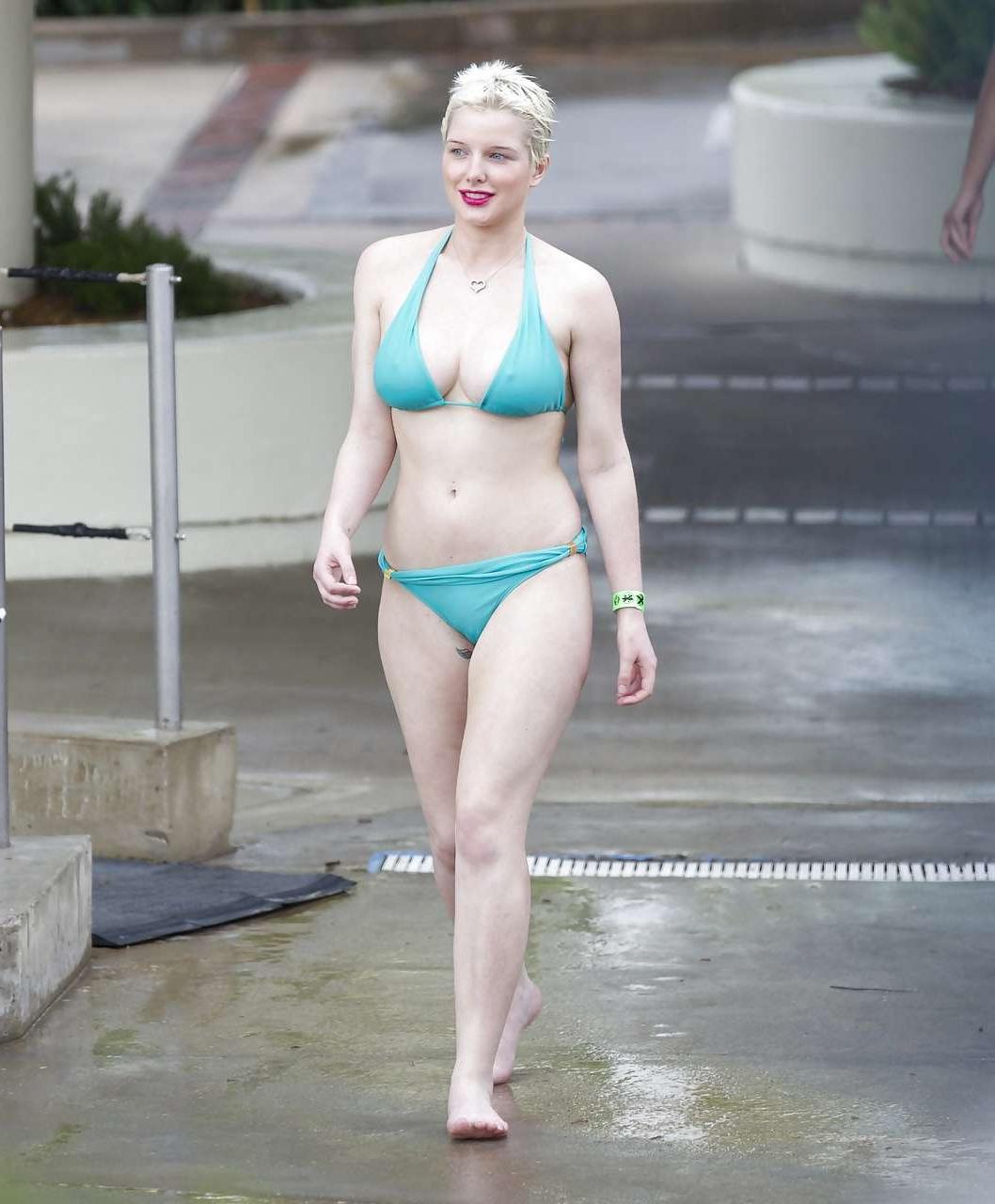 16P Helen Flanagan hint of nipple slip in blue bikini on beach paparazzi pictures
