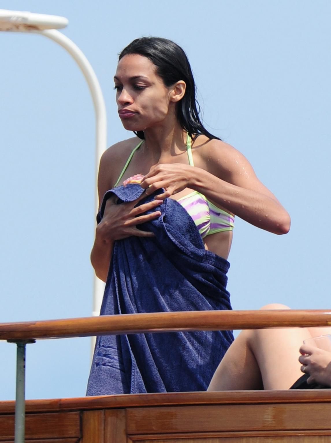 16P Rosario Dawson shows off her curvy body wearing skimpy bikini on a boat in Canne