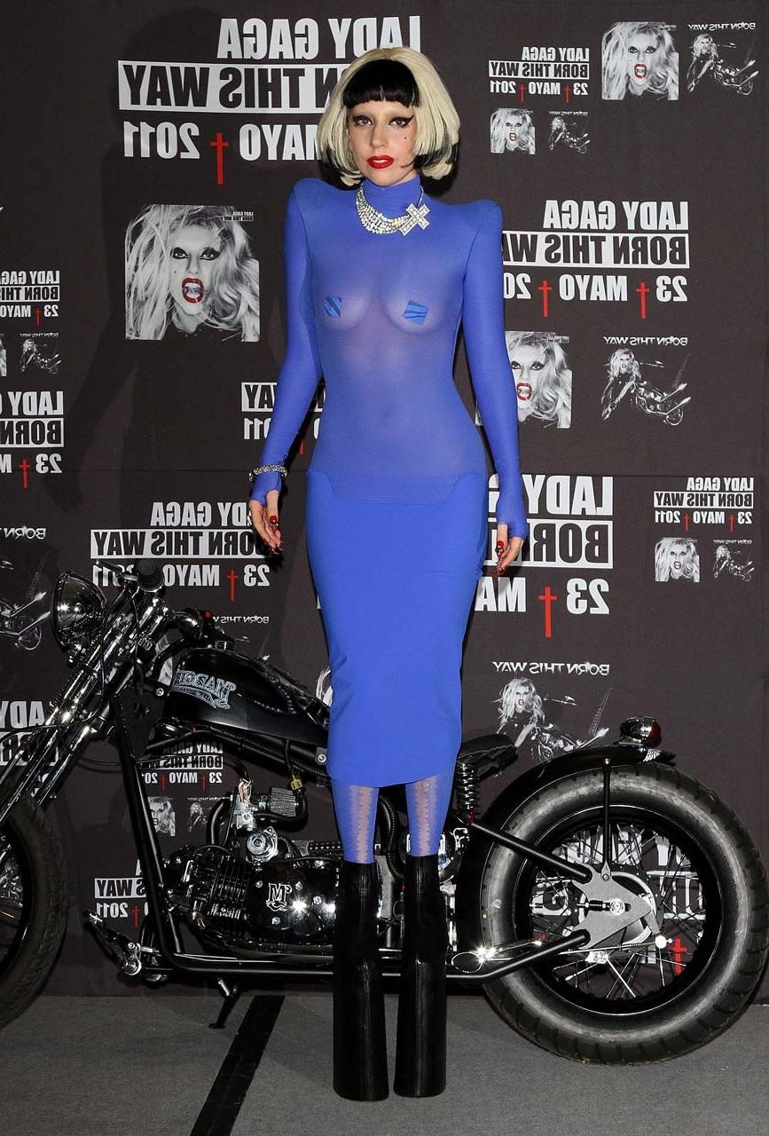 16P Lady Gaga in see thru blue outfit exposing her nice boobs paparazzi pictures