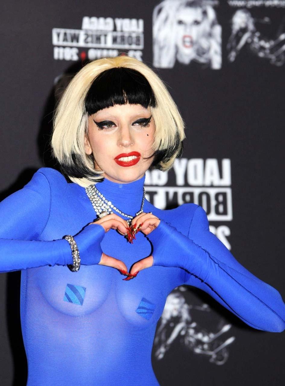 16P Lady Gaga in see thru blue outfit exposing her nice boobs paparazzi pictures