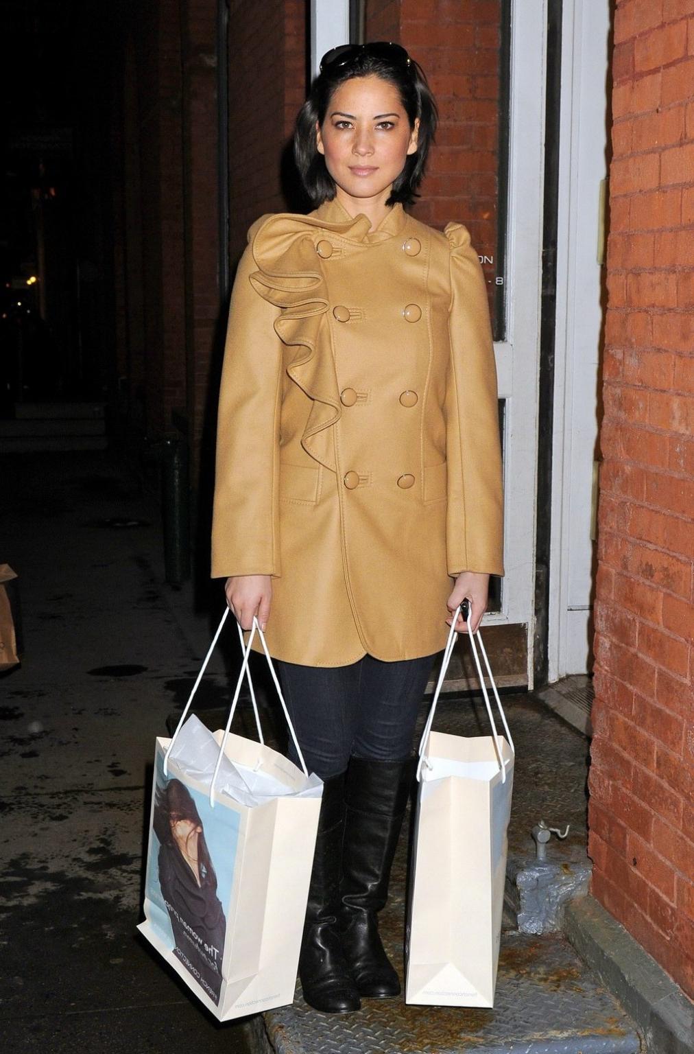 16P Olivia Munn in black bra  c-thru blouse shopping at French Connection in SoHo