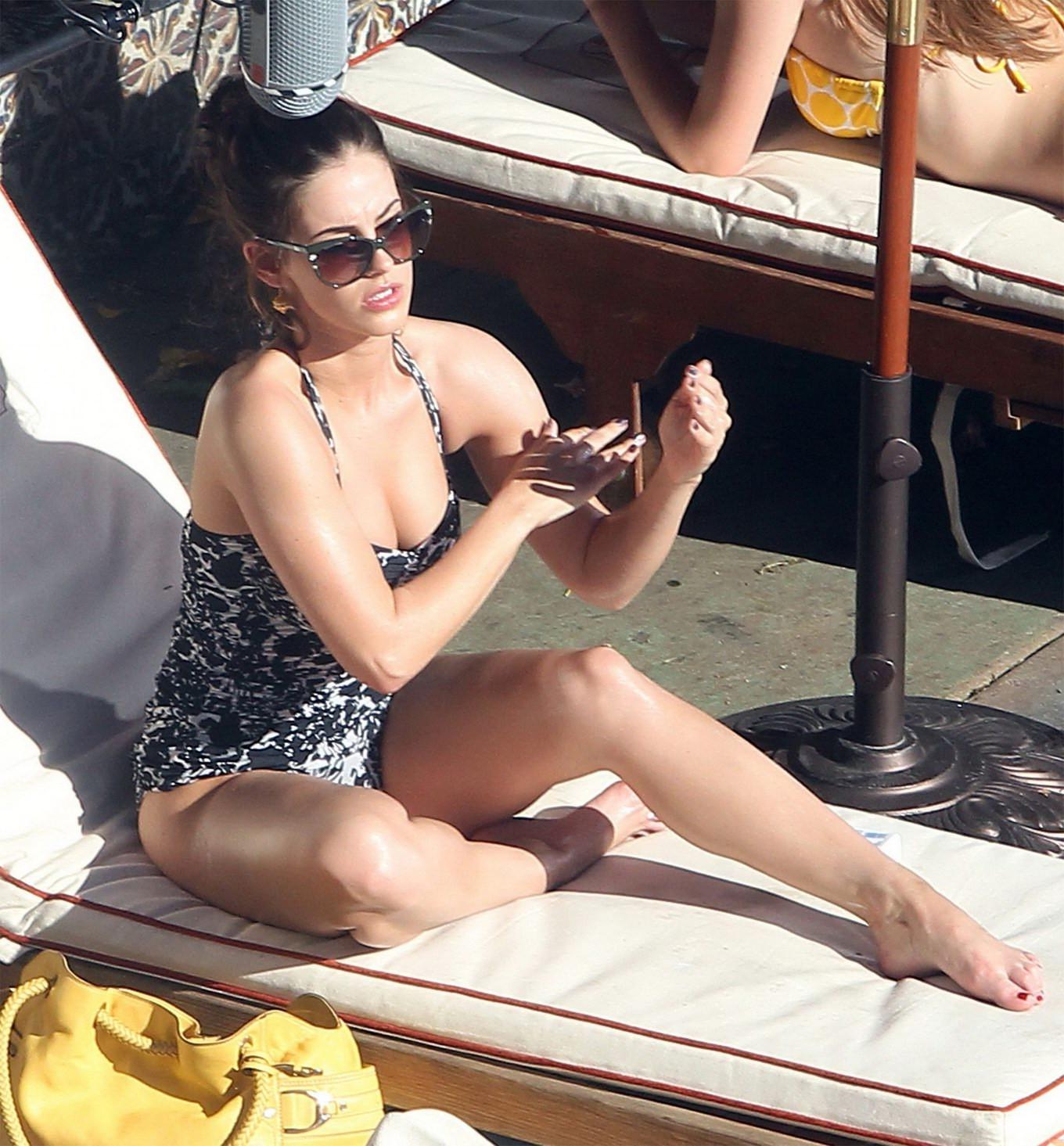 16P Jessica Lowndes busty wearing skimpy swimsuit on the 90210 set