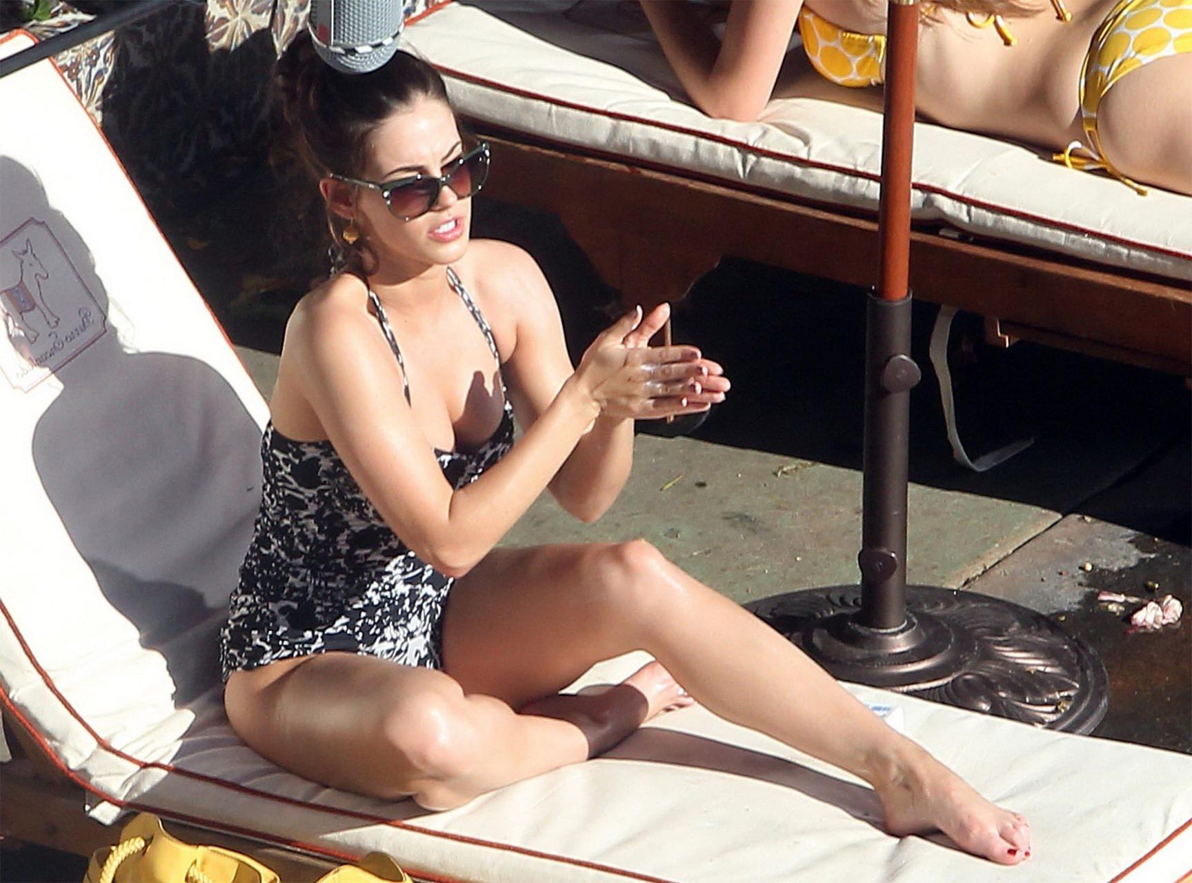 16P Jessica Lowndes busty wearing skimpy swimsuit on the 90210 set
