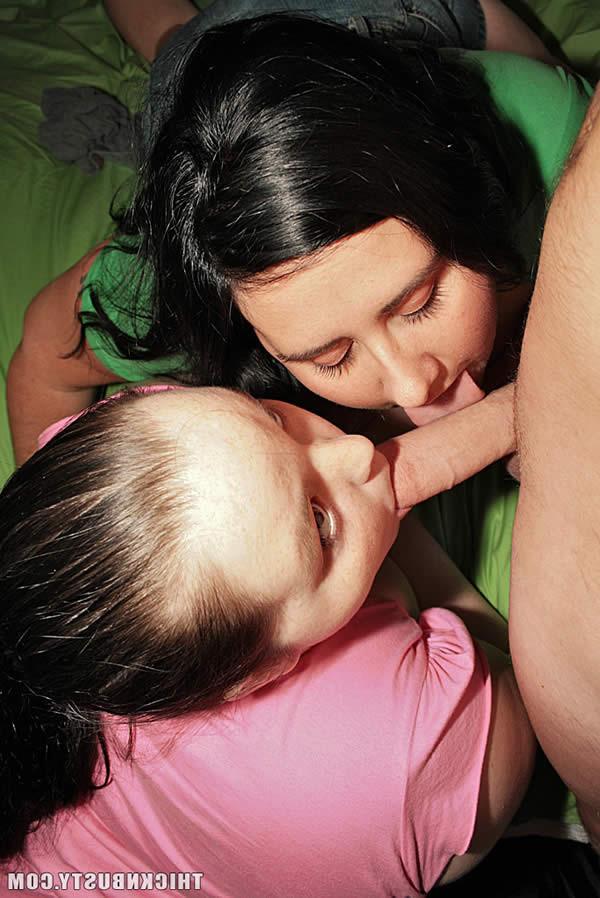 20P Two chunking chicks lick and suck a hard cock