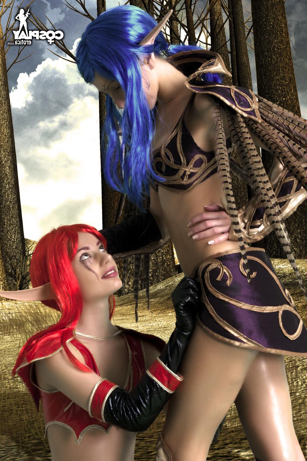 16P Angela and Marylin in cosplay lesbian fun in a Warcraft fantasy world wearing wi