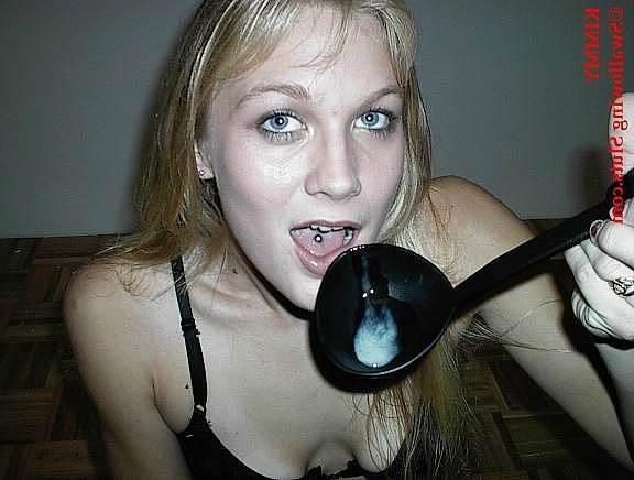 16P Young blonde slut chokes down a huge spoonful of cum