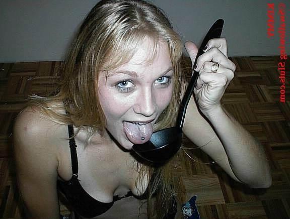 16P Young blonde slut chokes down a huge spoonful of cum