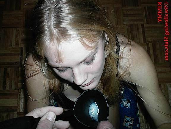16P Young blonde slut chokes down a huge spoonful of cum