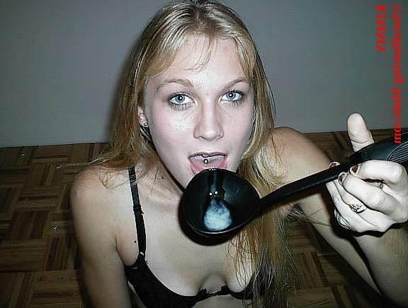 16P Young blonde slut chokes down a huge spoonful of cum