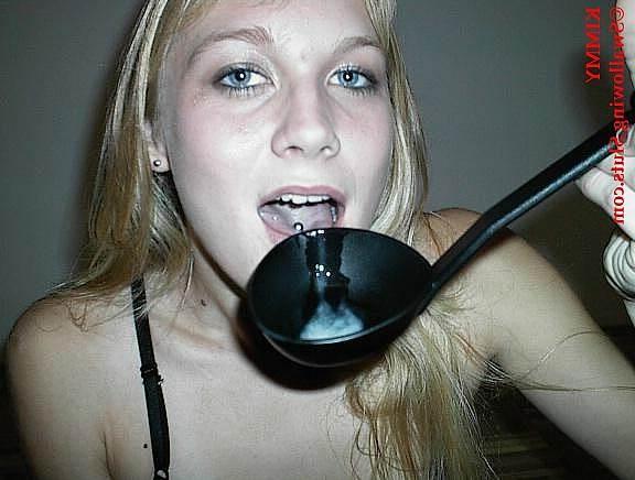 16P Young blonde slut chokes down a huge spoonful of cum