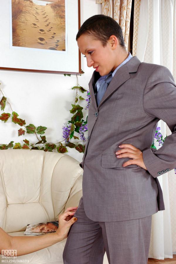 20P Lewd babe in male suit taking out strap-on to drill ripe twat of mature gal