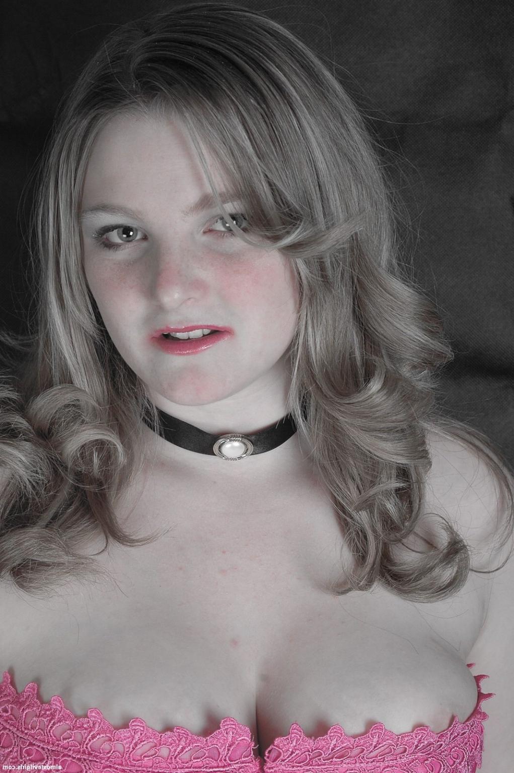 15P Madison looks sexy in a pink corset