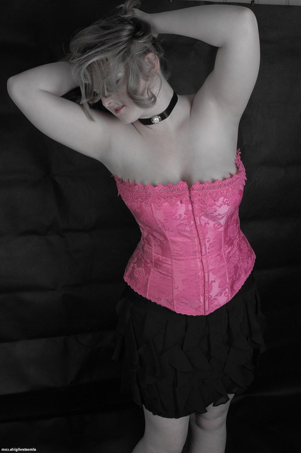 15P Madison looks sexy in a pink corset