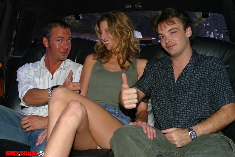 15P Cute brunette fucks average guys in a limo