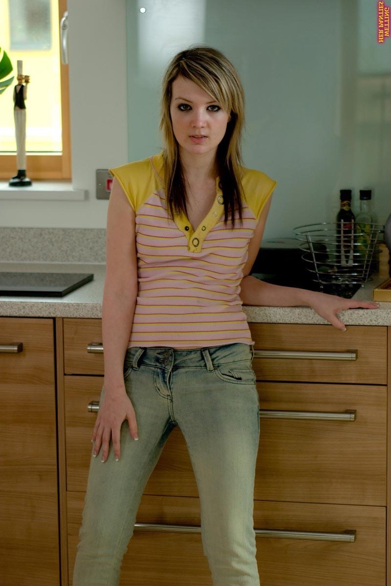 16P Hot teen girl peeing in her white cotton panties in the kitchen