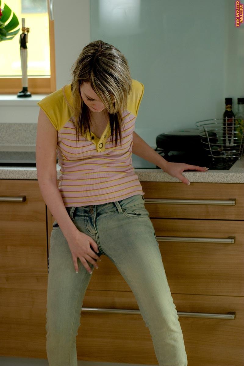 16P Hot teen girl peeing in her white cotton panties in the kitchen