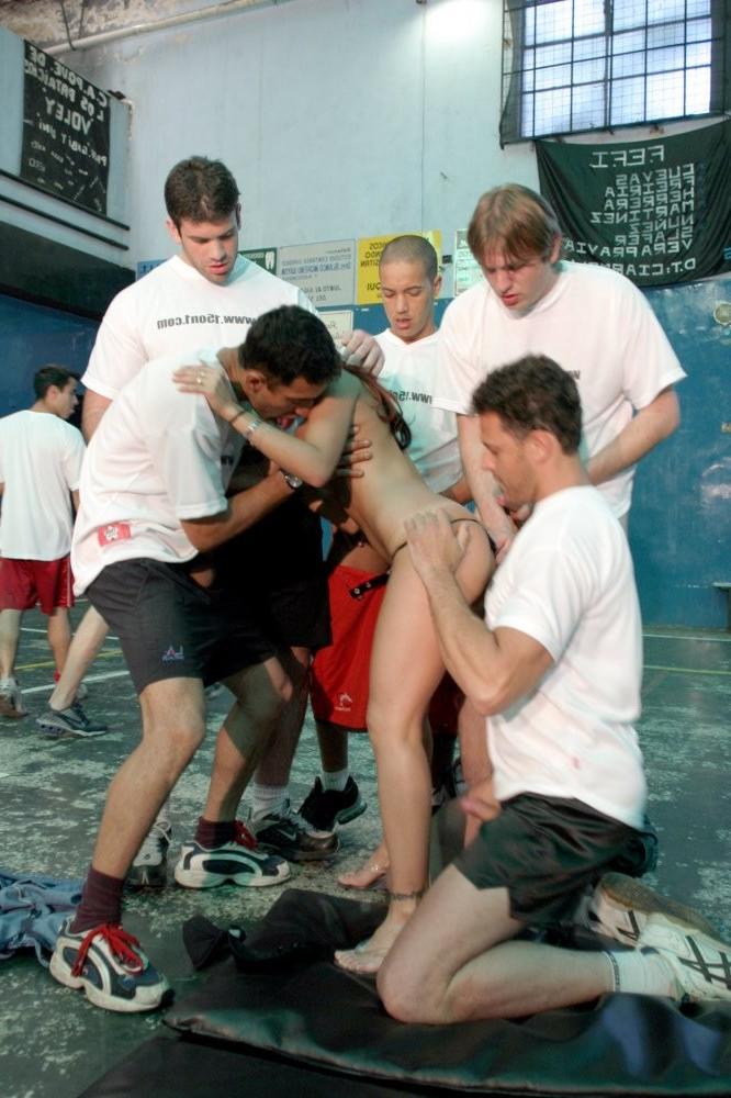 16P Football team gang bangs a horny babe
