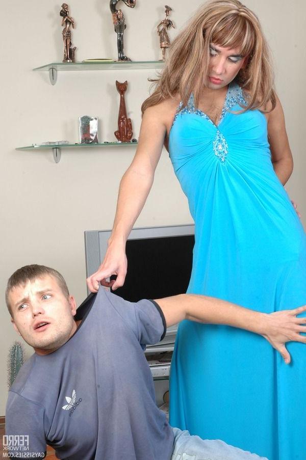 20P Crossdressed gay in dress mouth kissing and riding hard cock