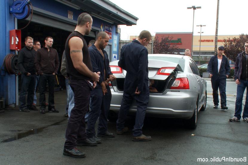 15P Spencer Reed and a bunch of car mechanics take turns fucking Gianni Lucca in a 