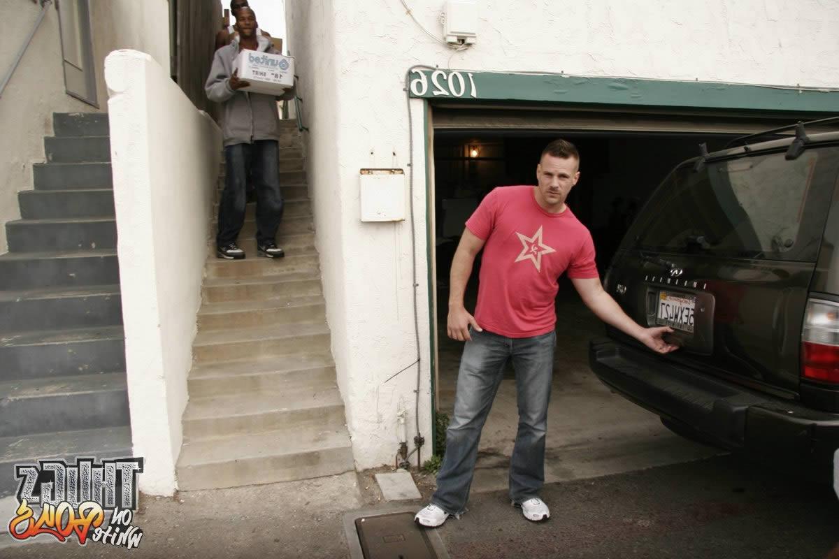 14P Two black thugs fucking white boy in threesome garage action