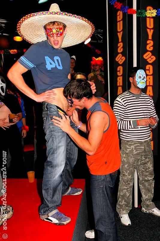 20P Dudes in constume suck whipped cream off of dildos