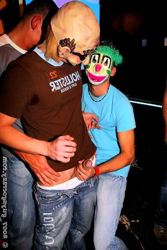 20P Dudes in constume suck whipped cream off of dildos