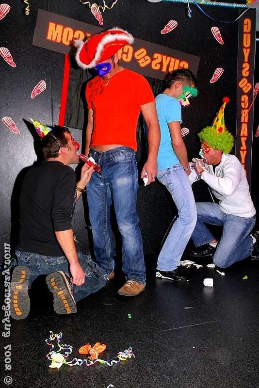 20P Dudes in constume suck whipped cream off of dildos