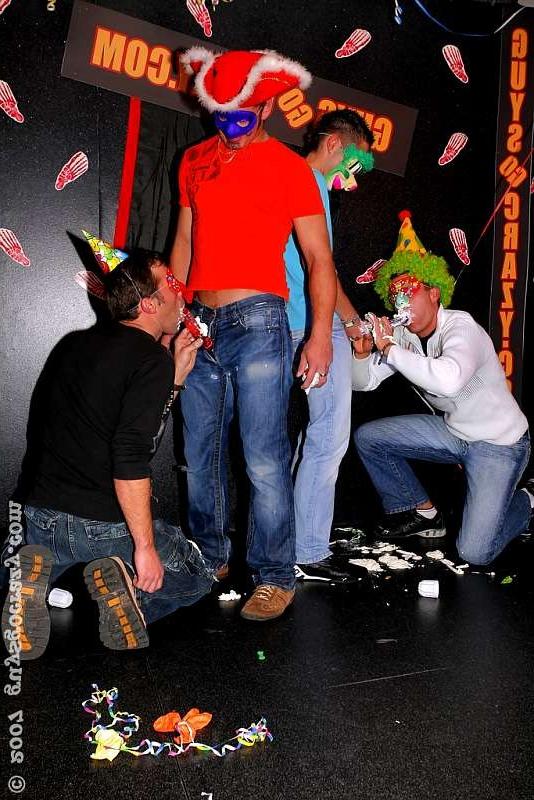 20P Dudes in constume suck whipped cream off of dildos