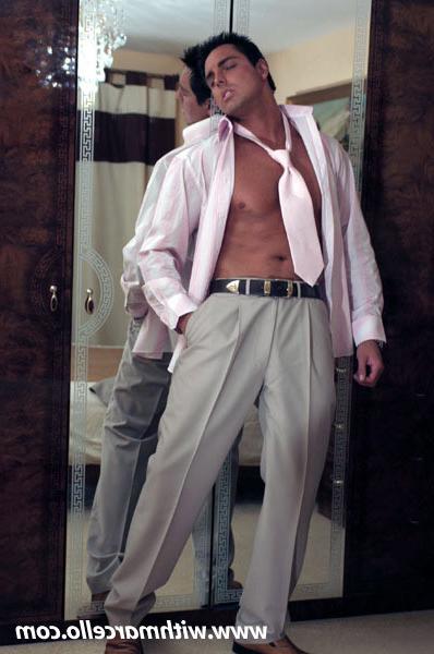 14P Sexy stud strips from his suit and strokes his cock