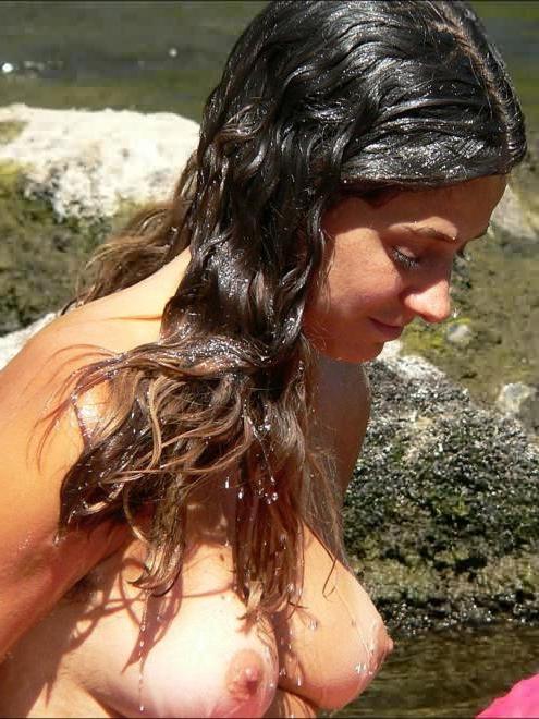 15P Shapely Naturally Hairy Nude Playing in Forest River