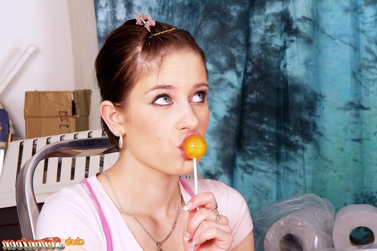 15P Brunette lollipop licking teen handles a big erected cock