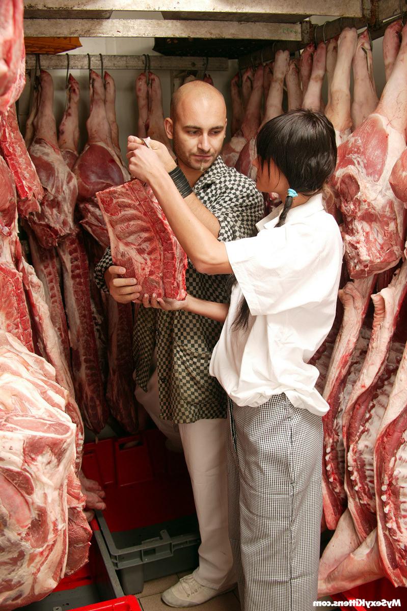 15P Teenage brunette gets dirty with the butcher his big meat
