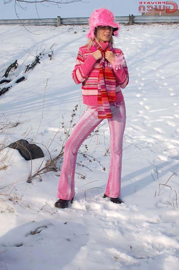 15P Innocent blonde teen girl flashing tiny titties outside in snow