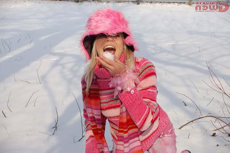 15P Innocent blonde teen girl flashing tiny titties outside in snow
