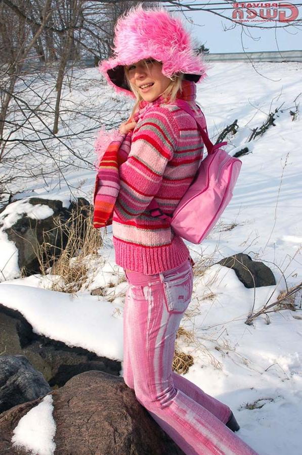 15P Innocent blonde teen girl flashing tiny titties outside in snow