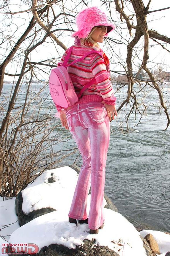 15P Innocent blonde teen girl flashing tiny titties outside in snow