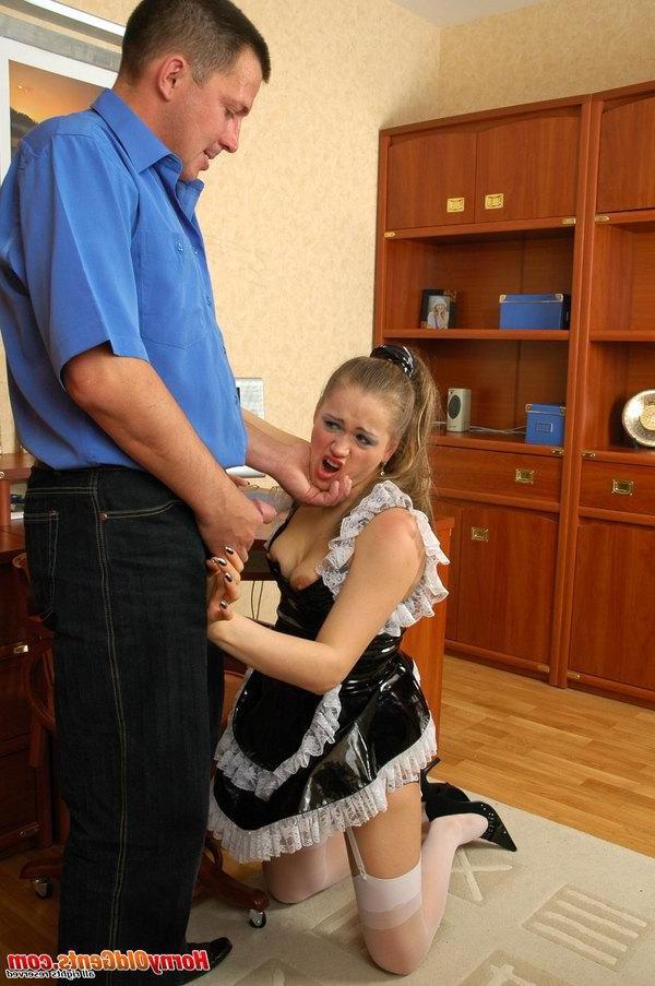 20P Young sexy French maid decides to suck her old master