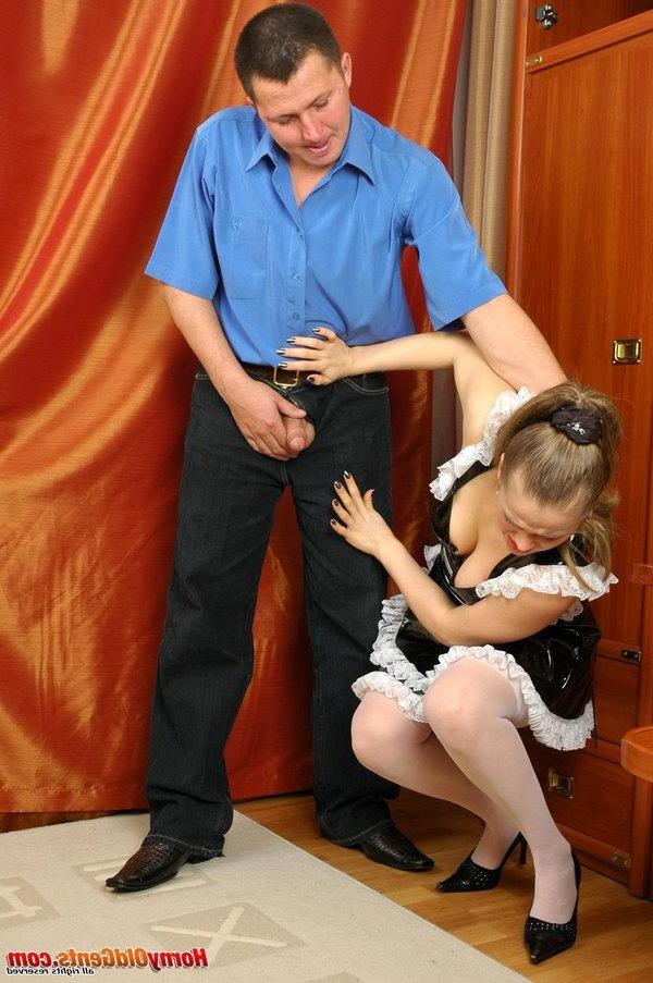 20P Young sexy French maid decides to suck her old master