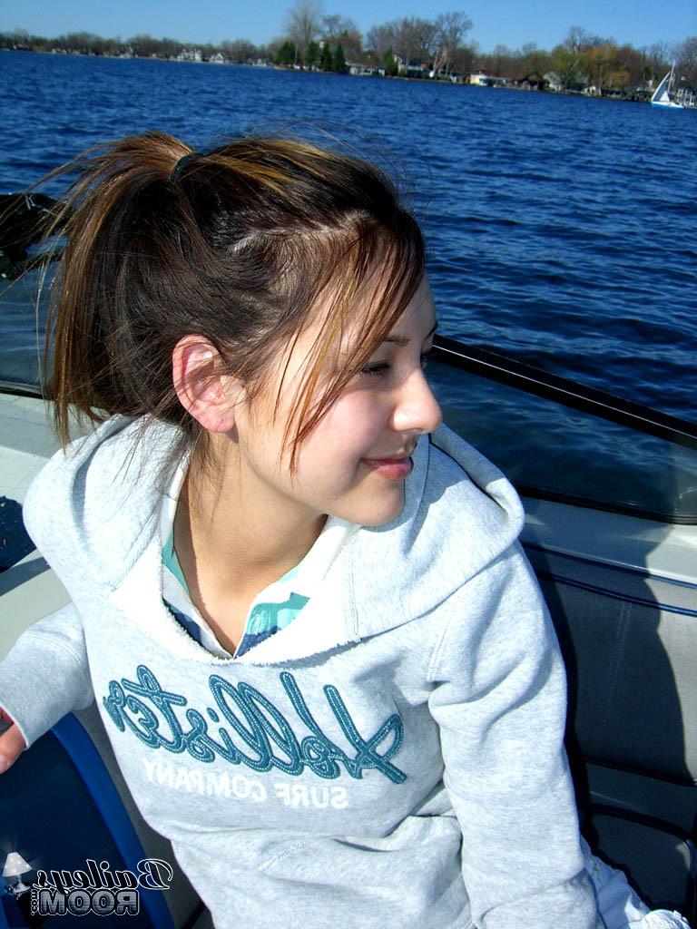 15P Hottie with perfect boobs sunbathes nude on a boat