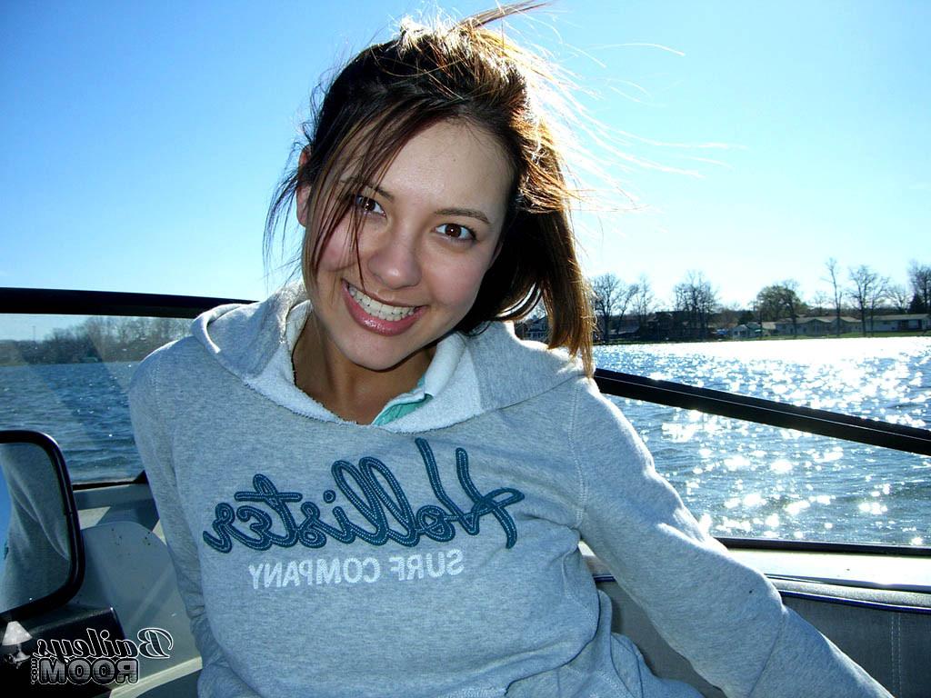 15P Hottie with perfect boobs sunbathes nude on a boat