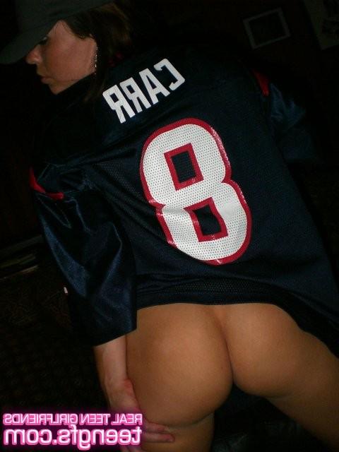 15P Small breasted amateur GF strips and spreads in football jersey