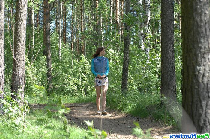 9P Cute lonely walker playing watersports in forest