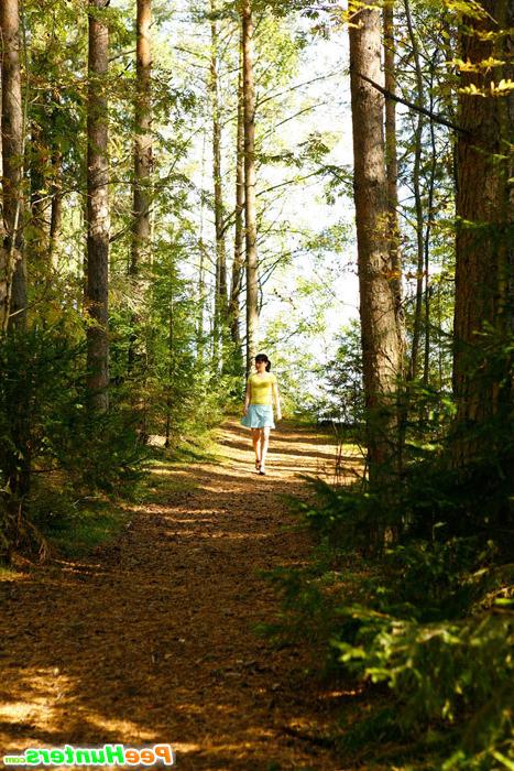 4P Cute brunette squats down to take a leak in forest