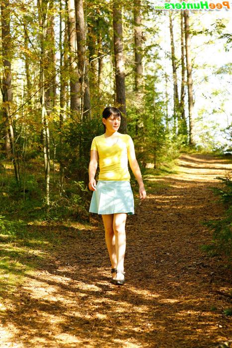 4P Cute brunette squats down to take a leak in forest