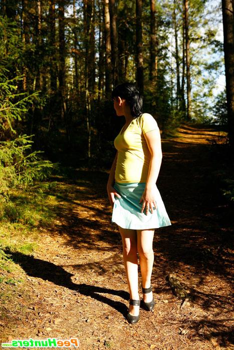 4P Cute brunette squats down to take a leak in forest
