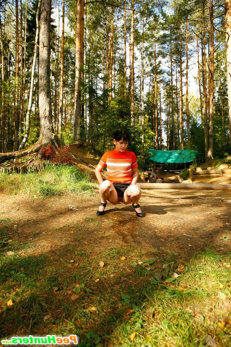 16P Careless puss peeing on a beautiful forest glade