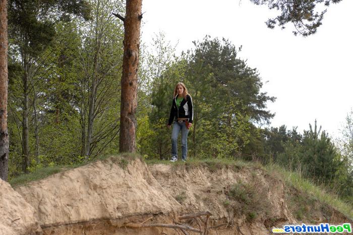 16P Beautiful teen plays watersports on a quiet forest glade