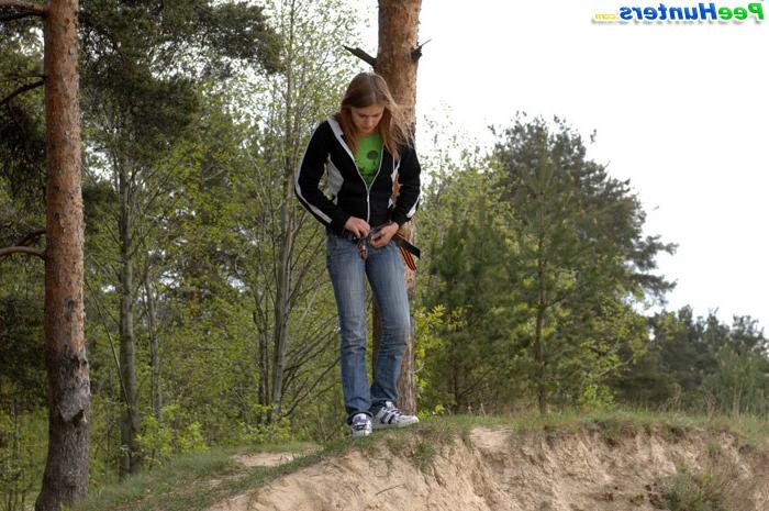 16P Beautiful teen plays watersports on a quiet forest glade