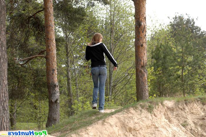 16P Beautiful teen plays watersports on a quiet forest glade