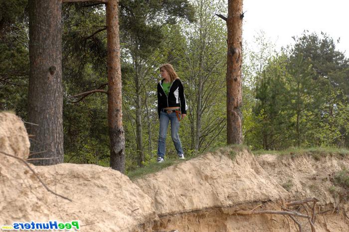 16P Beautiful teen plays watersports on a quiet forest glade